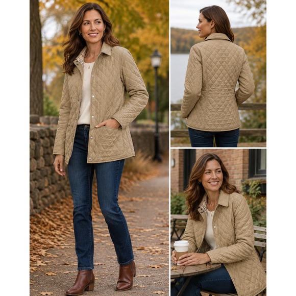 L.L. Bean Jackets & Blazers - L.L. Bean Quilted Barn Jacket Women Small Tan Good Plaid Lined Snap Front 0GCX8